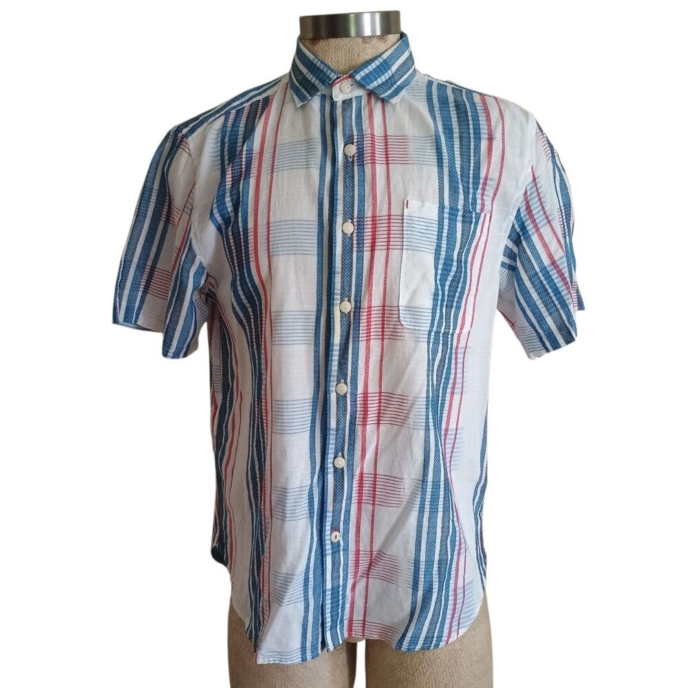 Tommy Bahama  Camp Shirt Mens Sz M Red White Blue Stripes Cotton